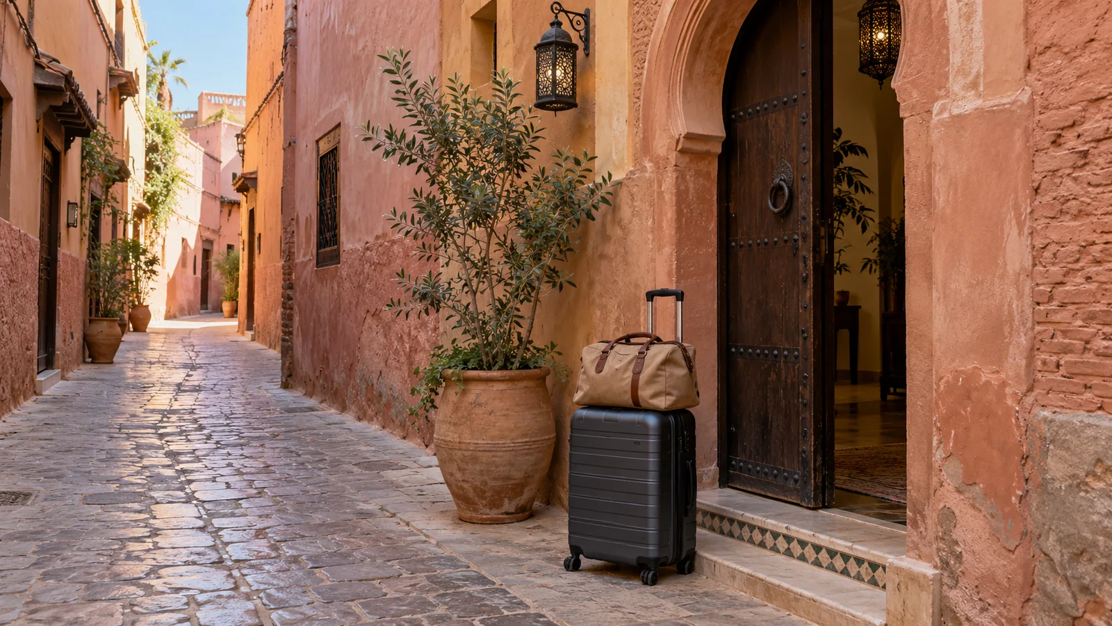 Entrée de riad imaginée dans une ruelle ocre, avec valise et sac de voyage