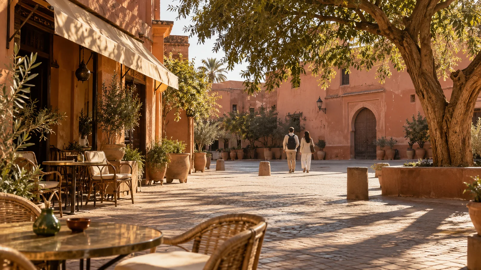 Place imaginée à Marrakech en lumière automnale, avec terrasse de café et promeneurs