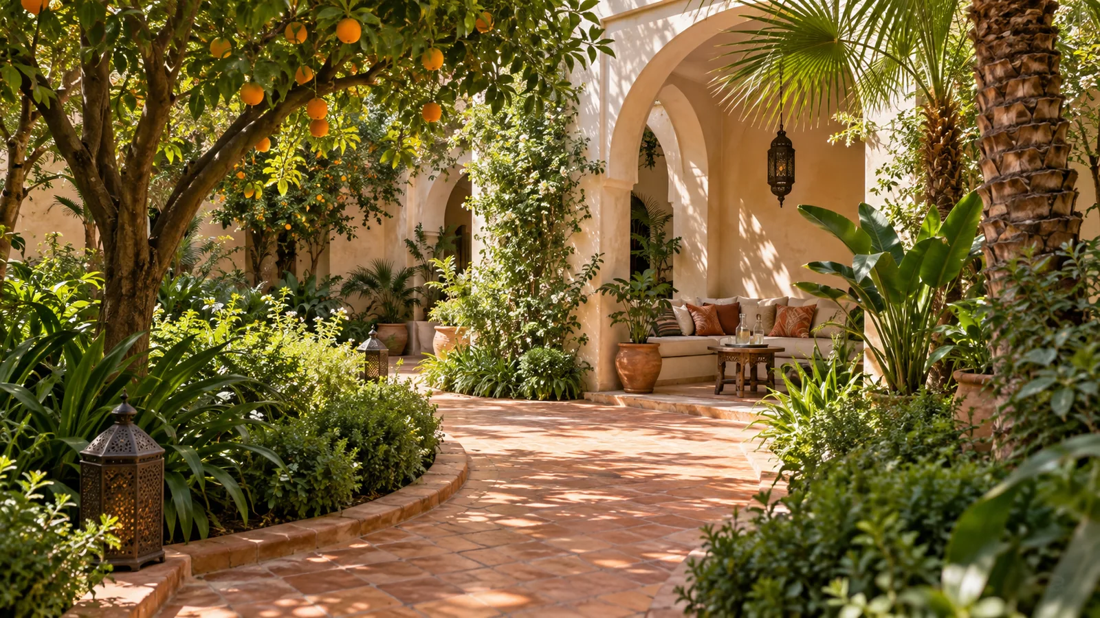 Jardin de riad imaginé à Marrakech, avec allée en terre cuite, agrumes et banquette ombragée