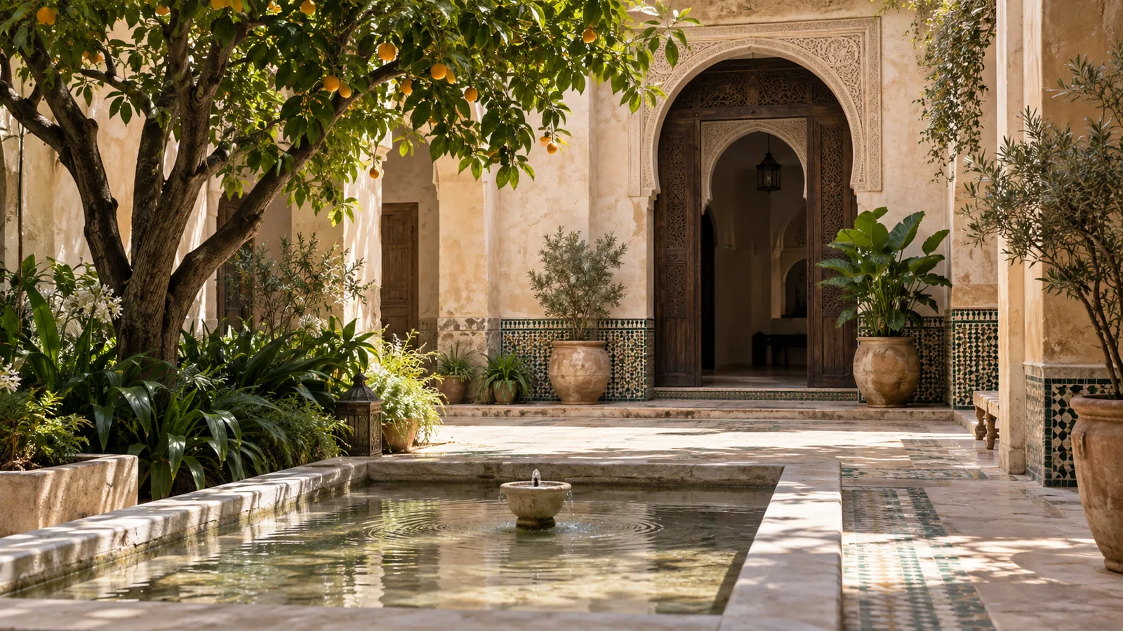Cour de jardin imaginée à Marrakech, avec bassin, agrumes et arc sculpté