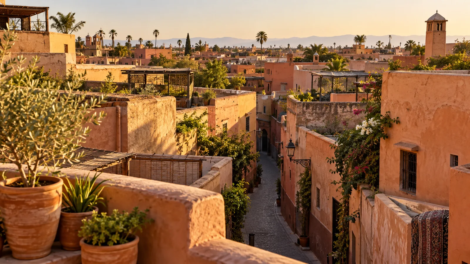 Vue illustrée sur les toits et une ruelle aux murs ocre de la médina de Marrakech